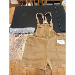 Zenana Brown Denim Overall Romper Shorts Women L Wide-Leg Sleeveless Pockets